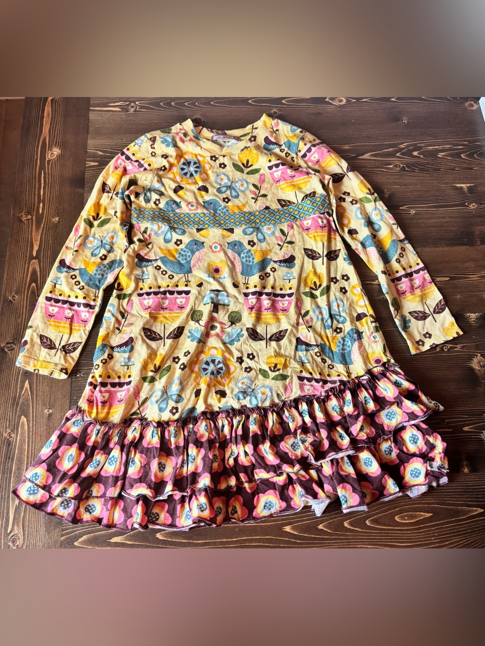 Jelly The Pug Yellow Floral & Bird Ruffle Dress with Pink Hem